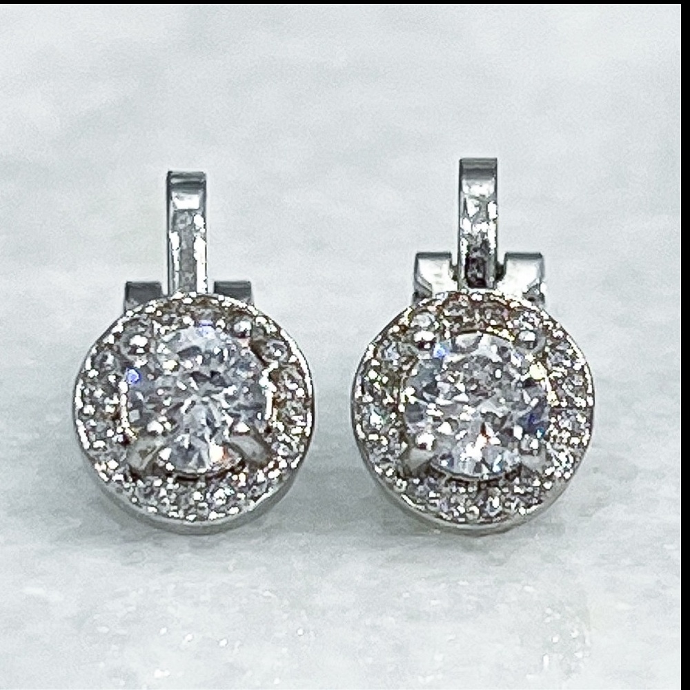 CZ Round Halo Silver Clip On Earrings